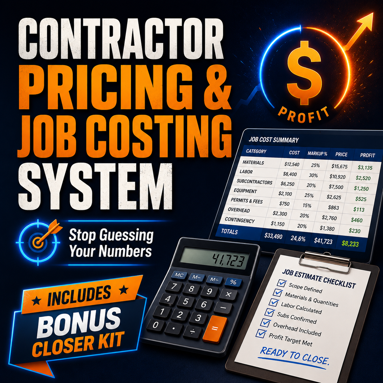 Contractor pricing tool, job costing spreadsheet, and bonus contractor closer kit included in the system
