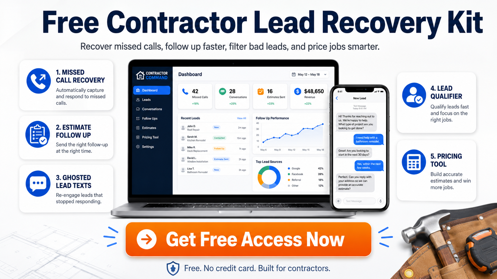 Free Contractor Lead Recovery Kit — Missed call recovery, estimate follow up, ghosted lead texts, lead qualifier, and pricing tool