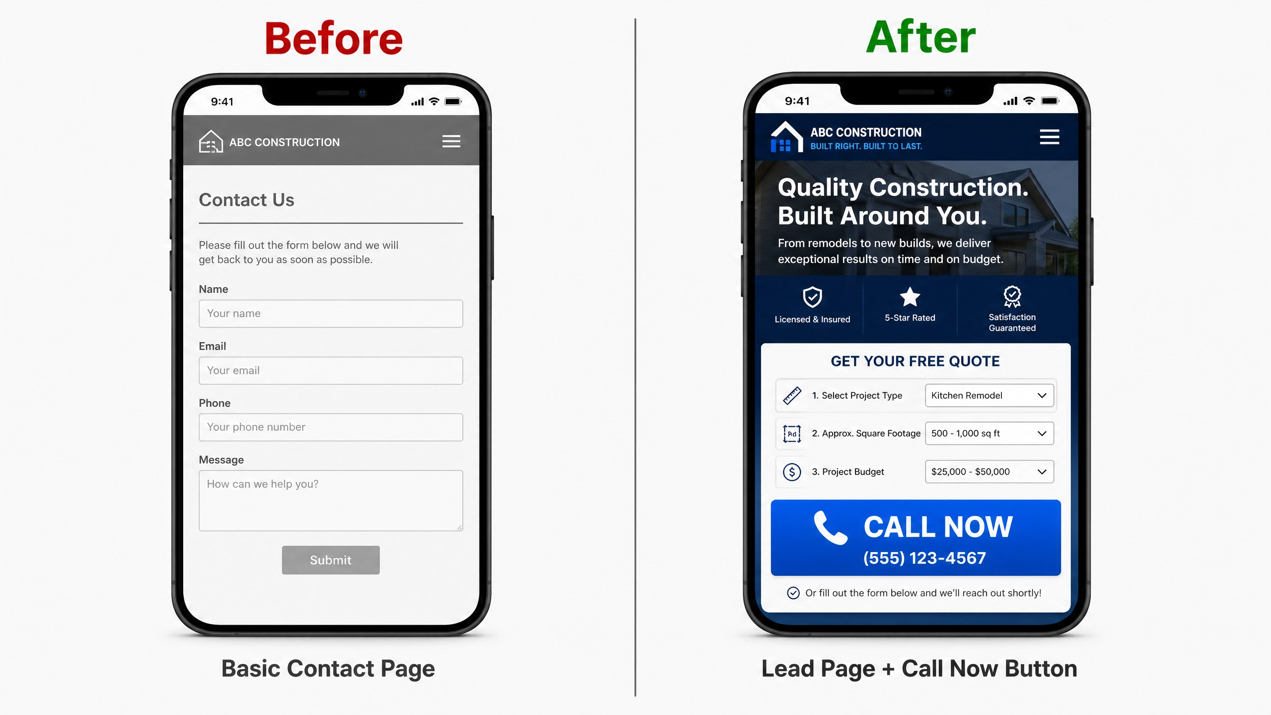 Before and after comparison: basic contact page vs. contractor lead page with Call Now button