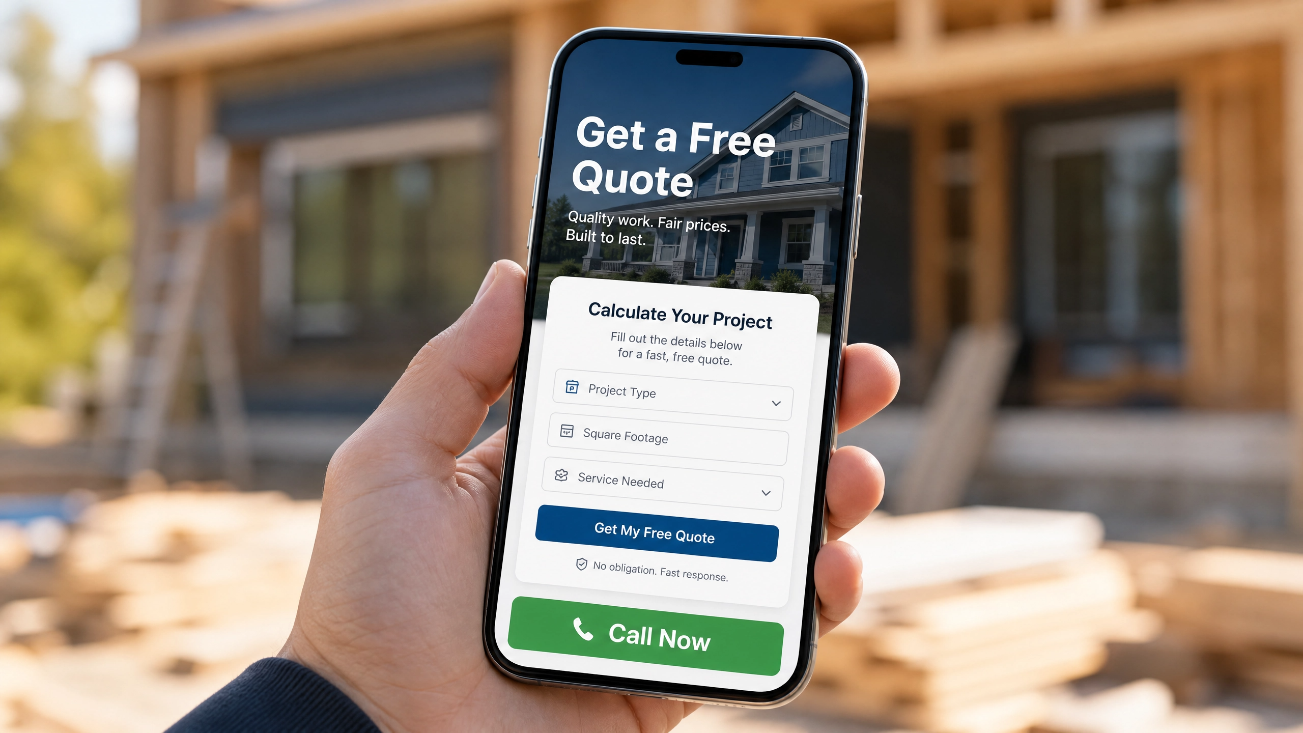 Contractor lead page shown on a smartphone with a quote calculator and Call Now button